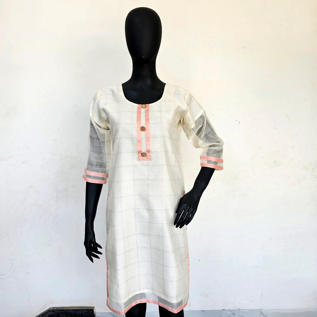 Checkered Chic: Ready-to-Wear White Kurta with Pink Woven Borders.