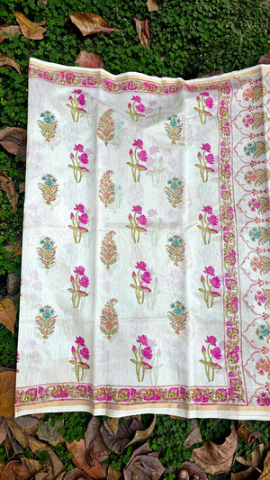 Saree with Multicolor Hand Block prints and Gold Zari Borders.