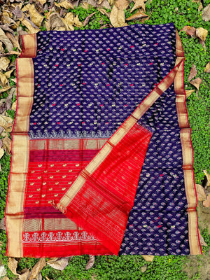Saree with Hand Block prints and Gold Zari Borders.