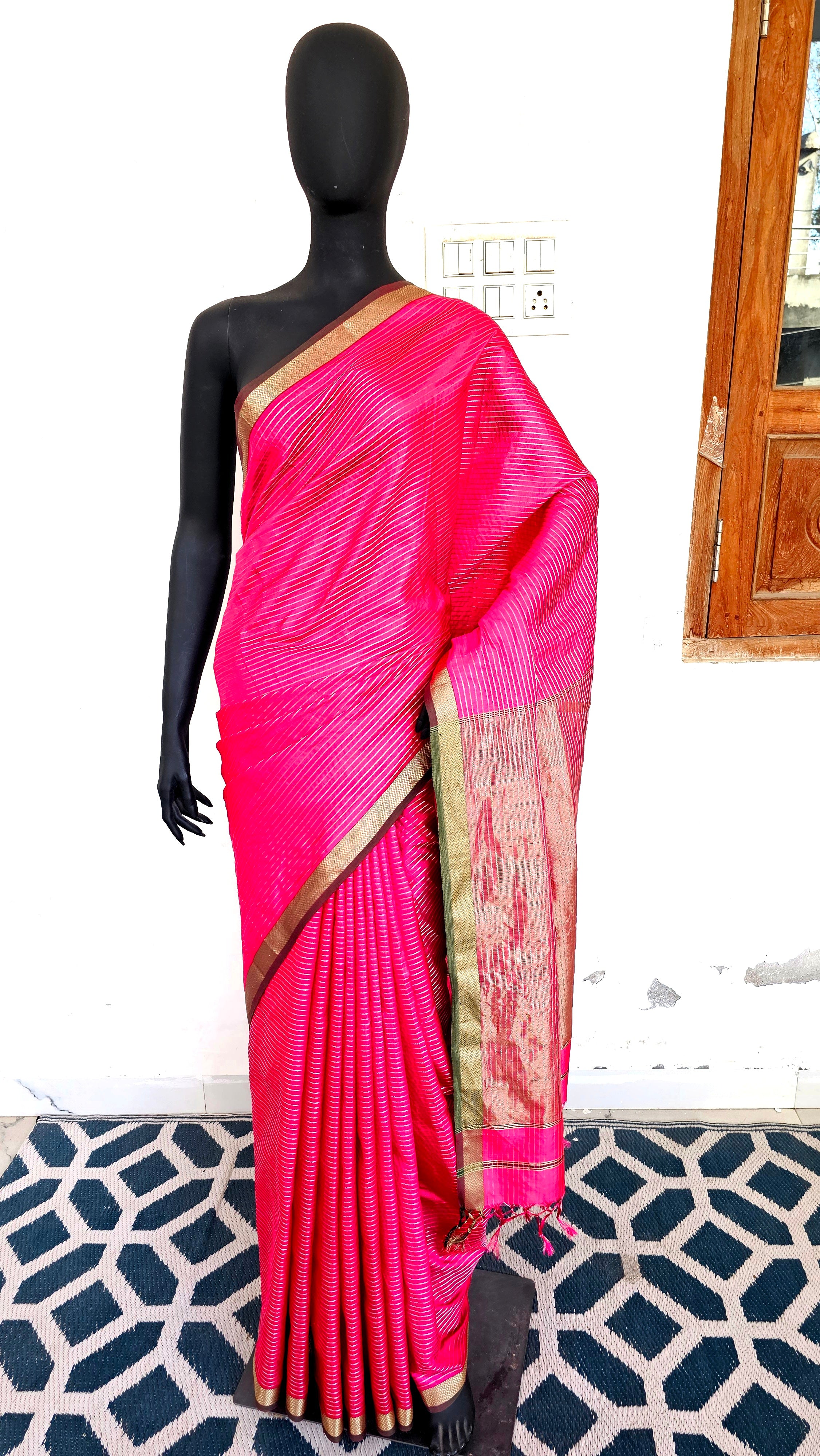 Silk Saree with Silver/Gold Dobby Stripes.