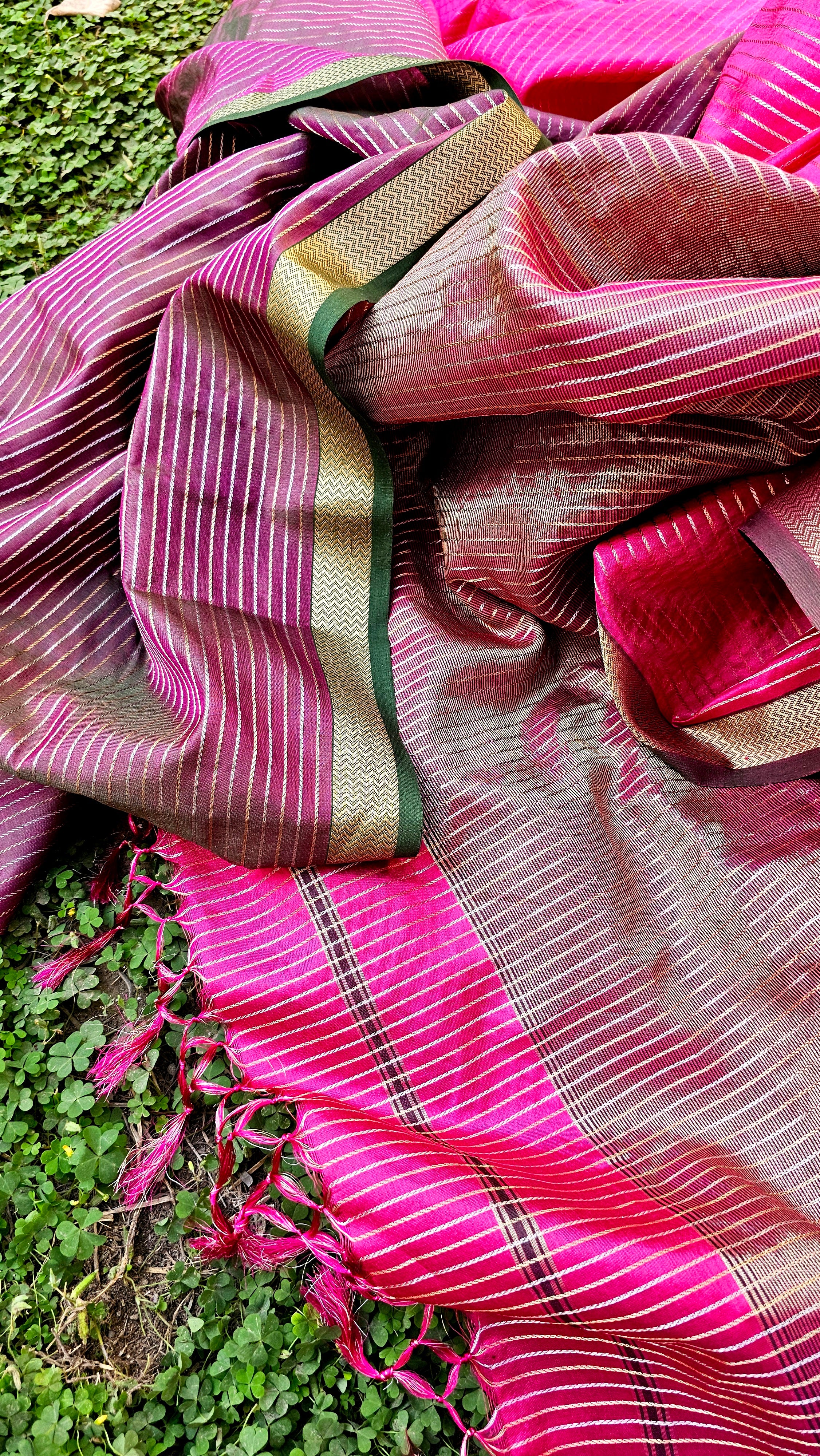 Silk Saree with Silver/Gold Dobby Stripes.