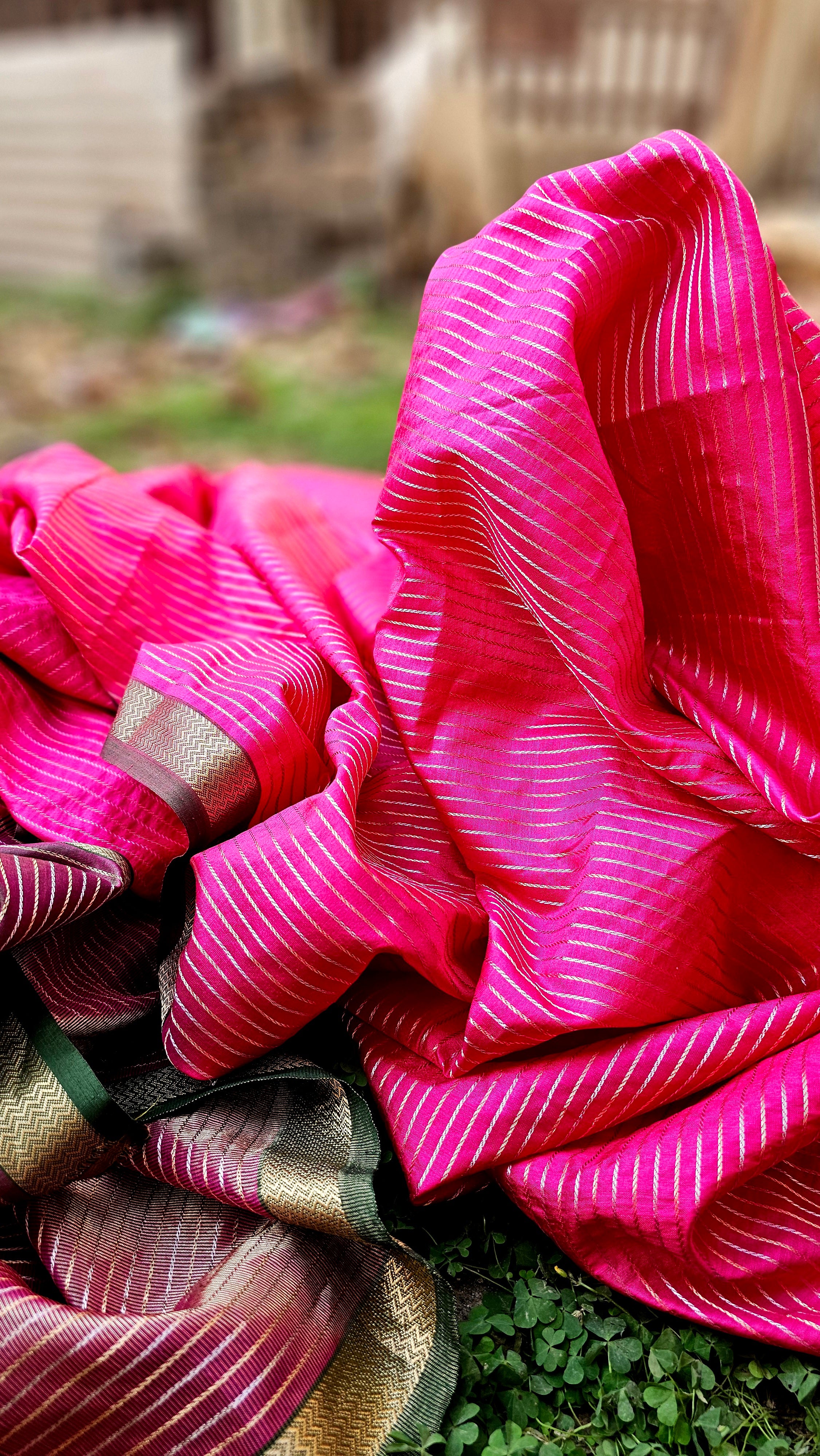 Silk Saree with Silver/Gold Dobby Stripes.