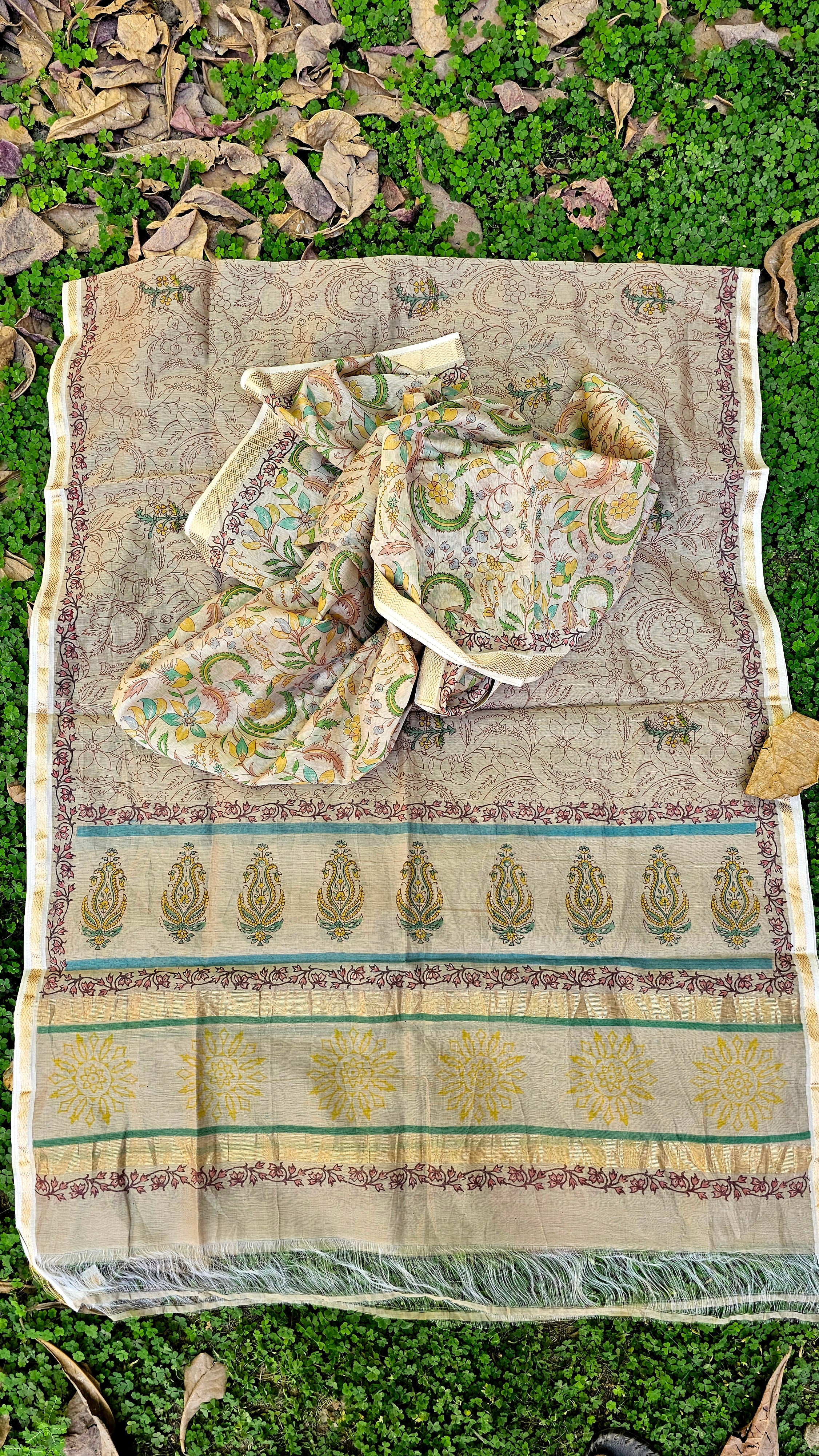 Top and Dupatta set with Hand Block prints and Gold Zari Borders.