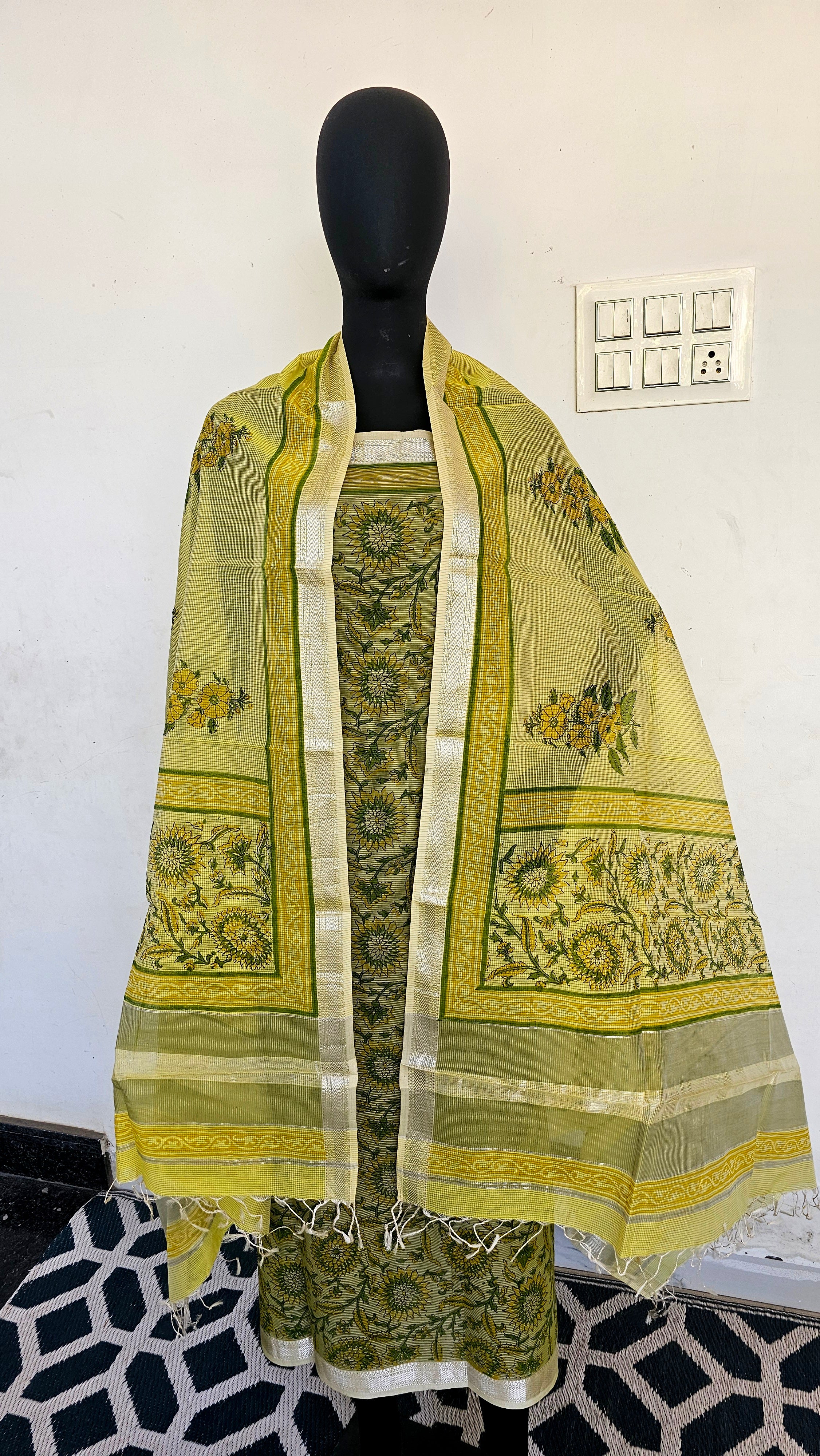 Top and Dupatta set with Hand Block prints and Silver Zari Borders.