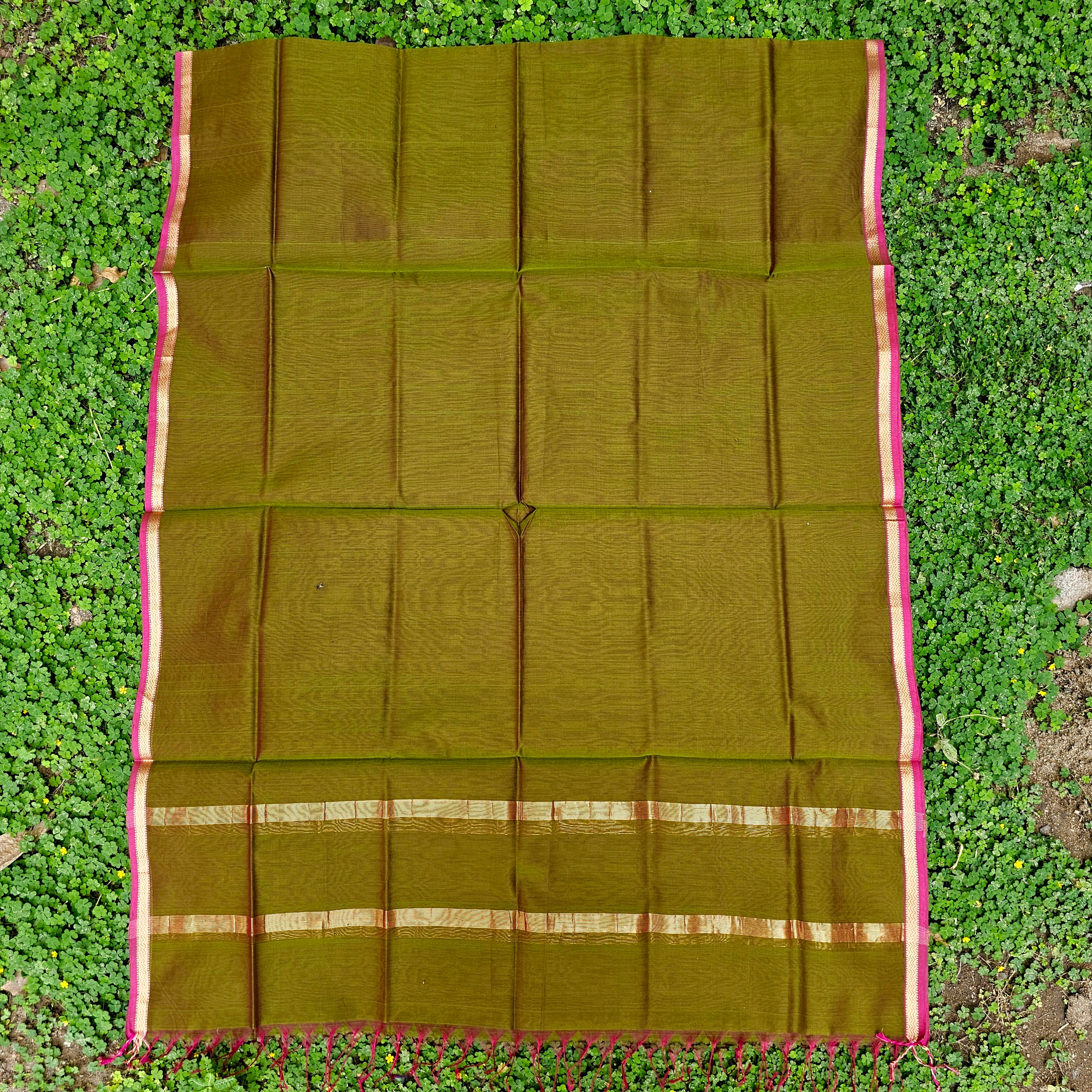 Dupatta in cross shade of Green and Rani Pink with Gold Zari Borders.