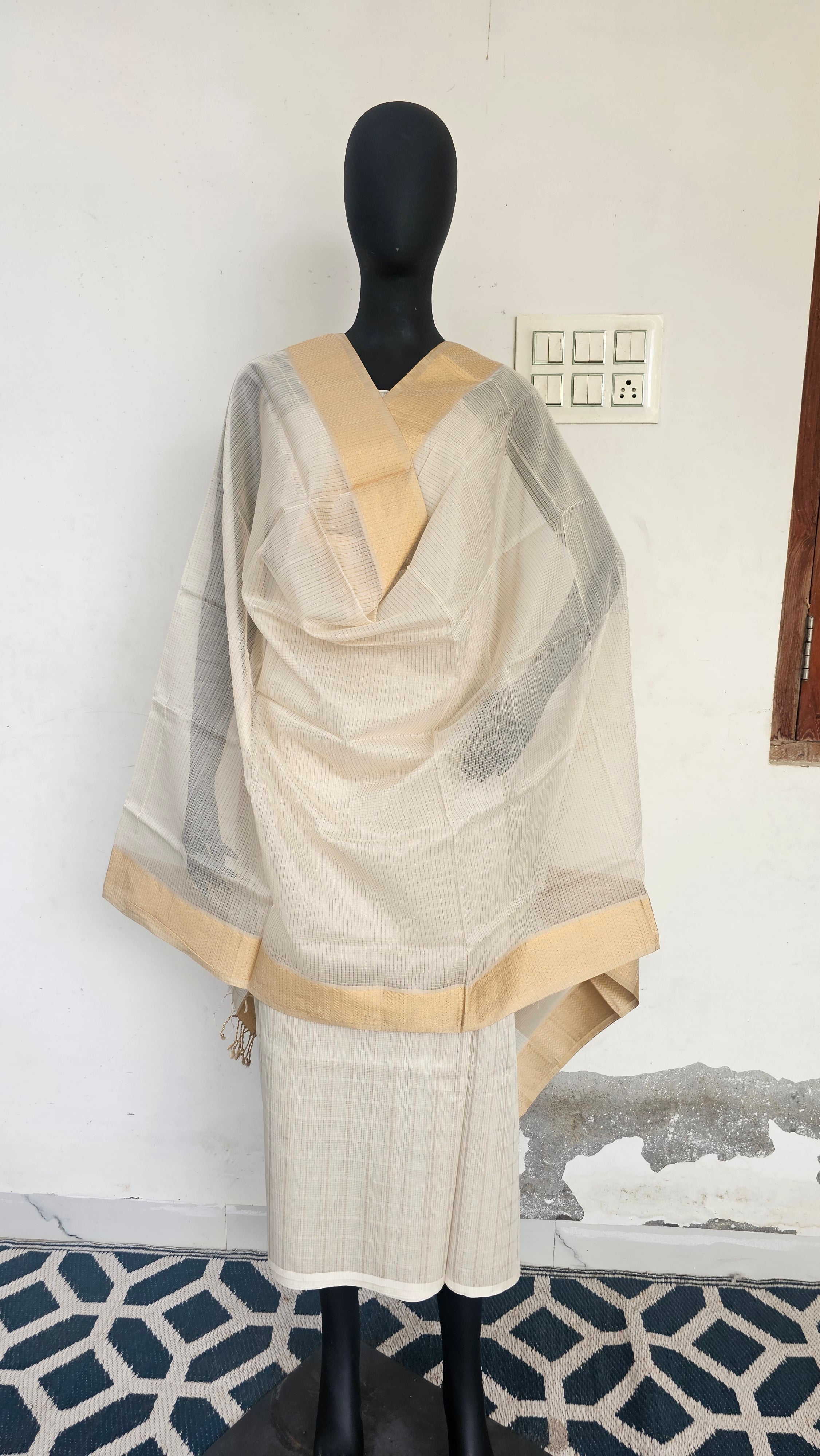 Silver Tissue  Checks top and Gold tissue Checks Dupatta with Narmada  lehar Borders