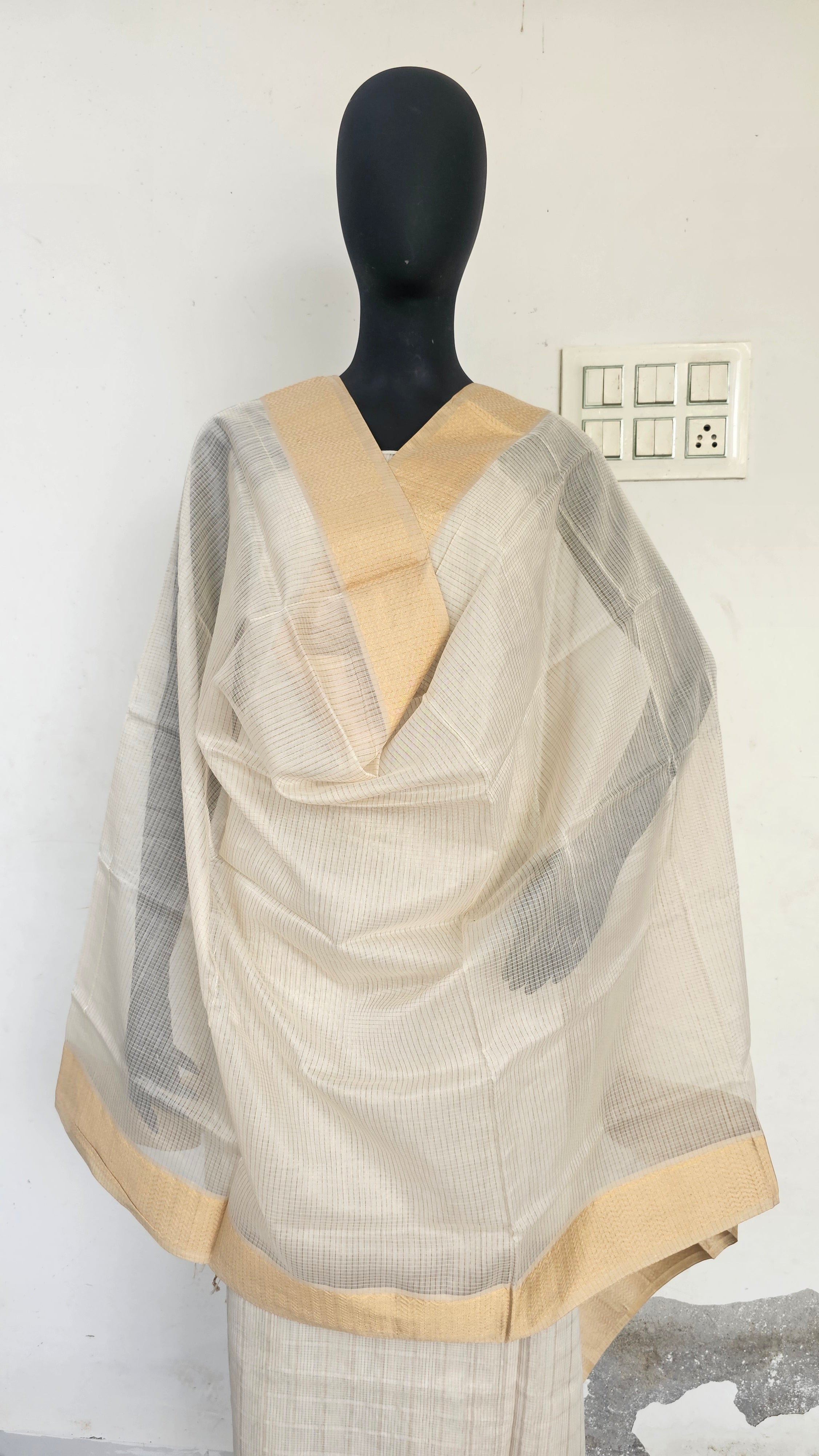 Silver Tissue  Checks top and Gold tissue Checks Dupatta with Narmada  lehar Borders