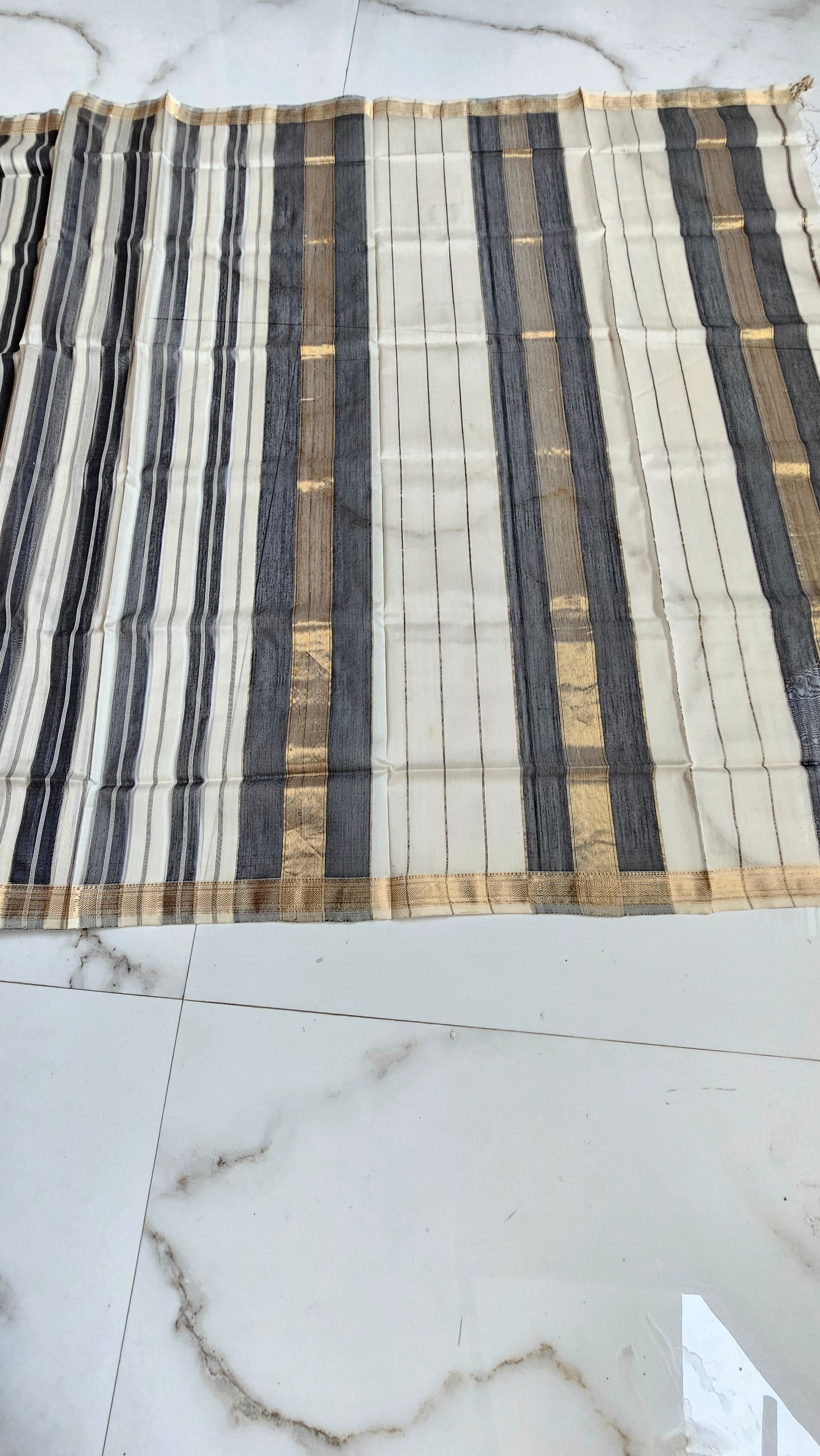 Black and off white Stripes with Gold Narmada Lehar  Border