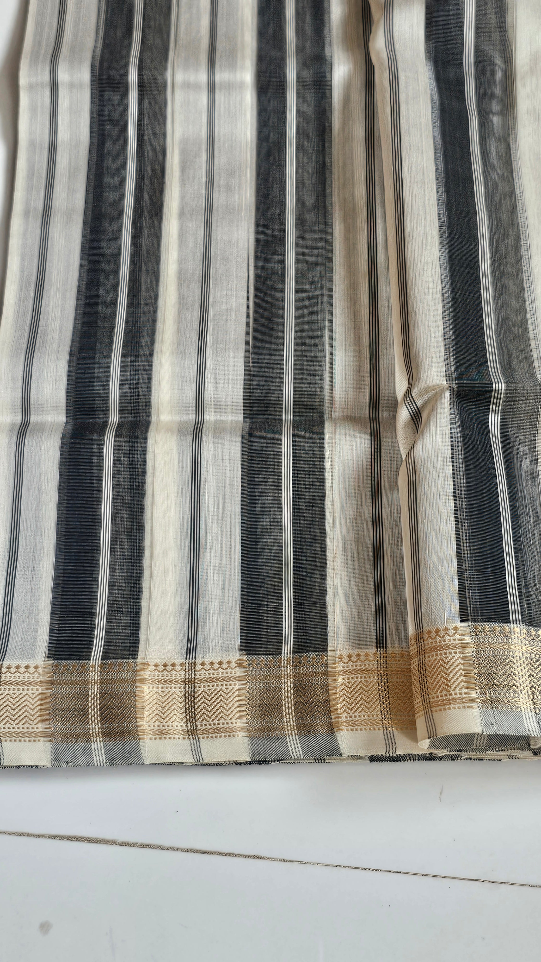 Black and off white Stripes with Gold Narmada Lehar  Border