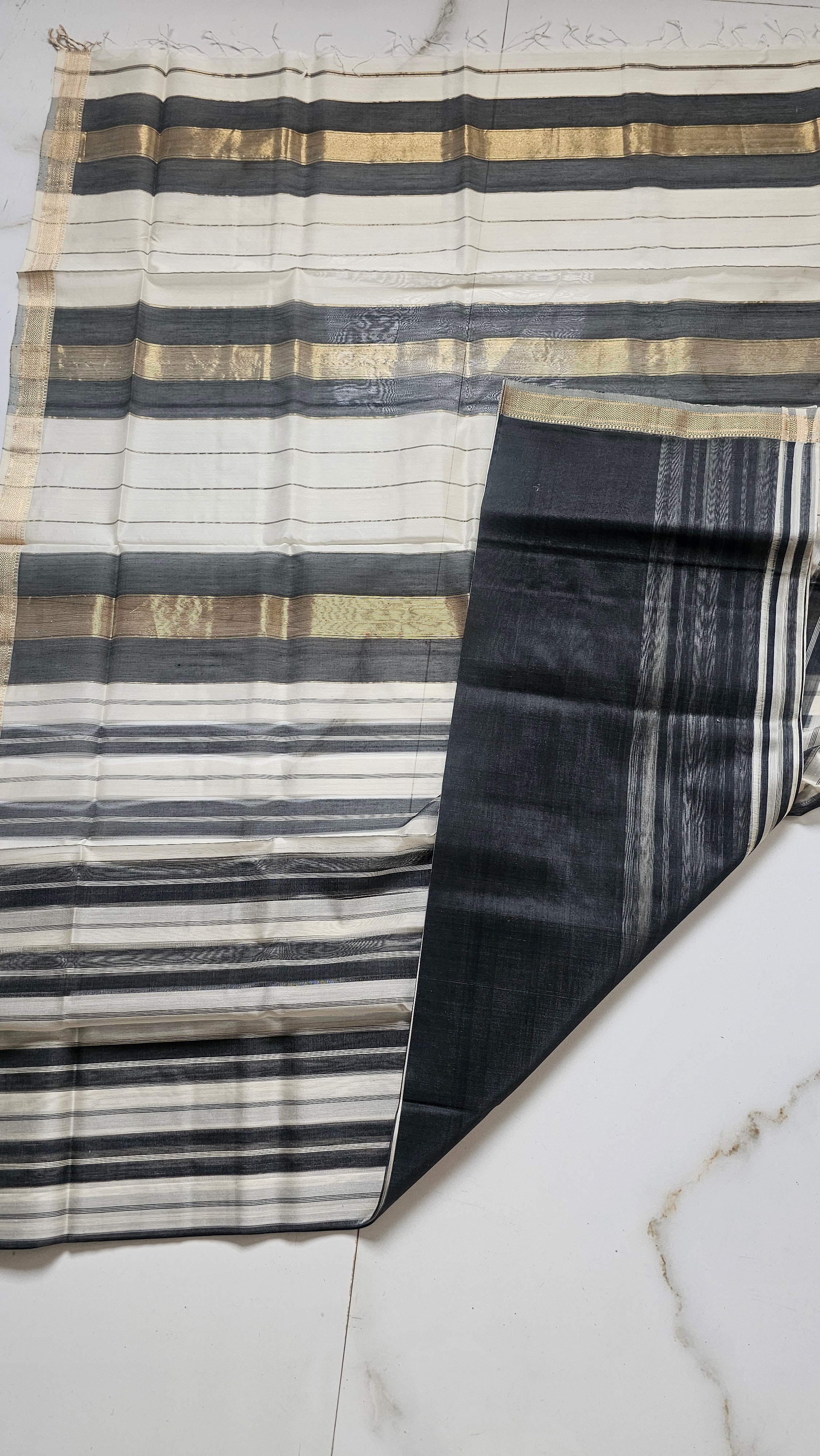 Black and off white Stripes with Gold Narmada Lehar  Border