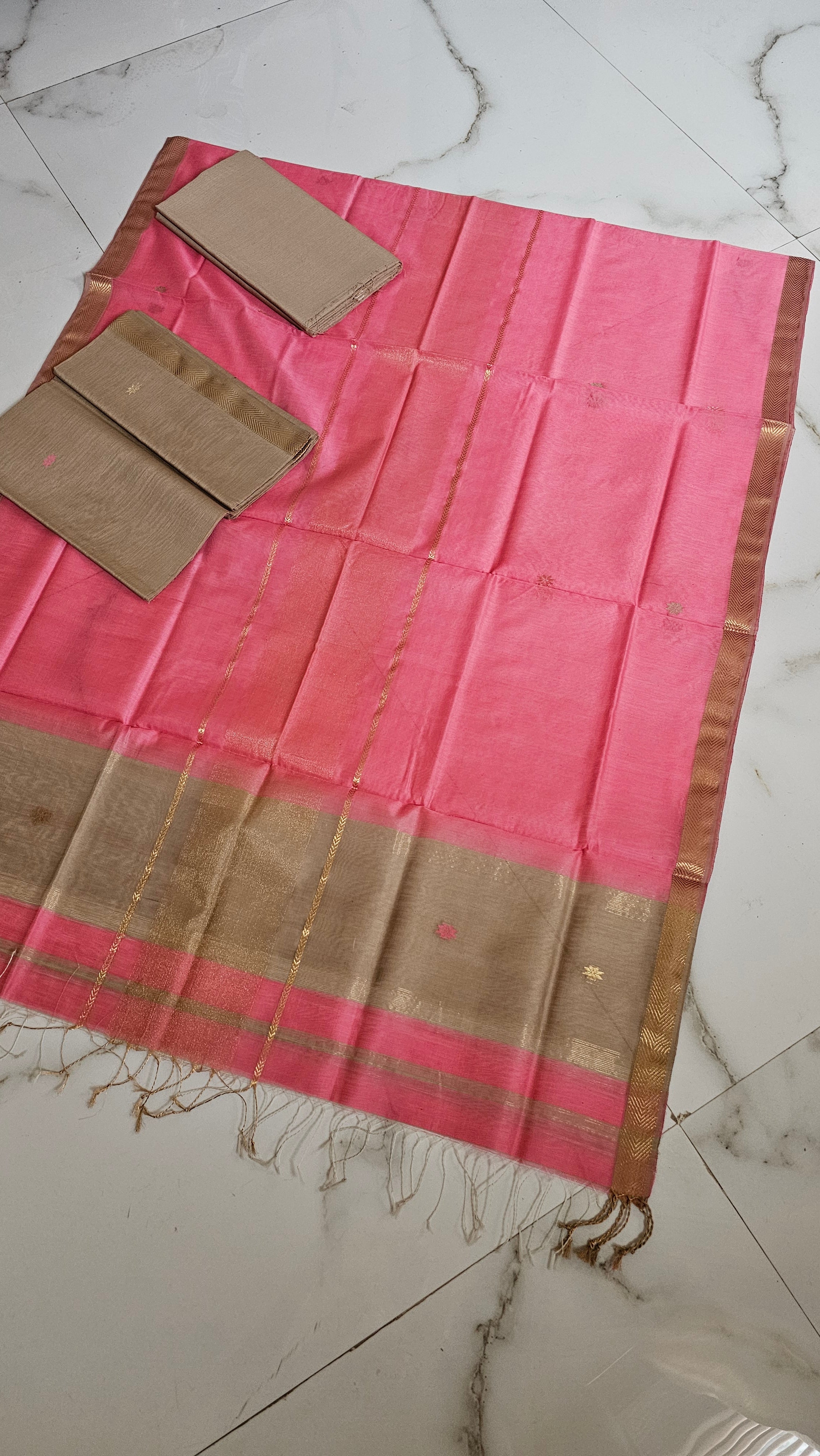 Silk/cotton three piece suit set 2.5 mtrs top, 2.5 mtrs Dupatta, 2.5 mtrs Bottom pink Resham buti and Gold Jari buti