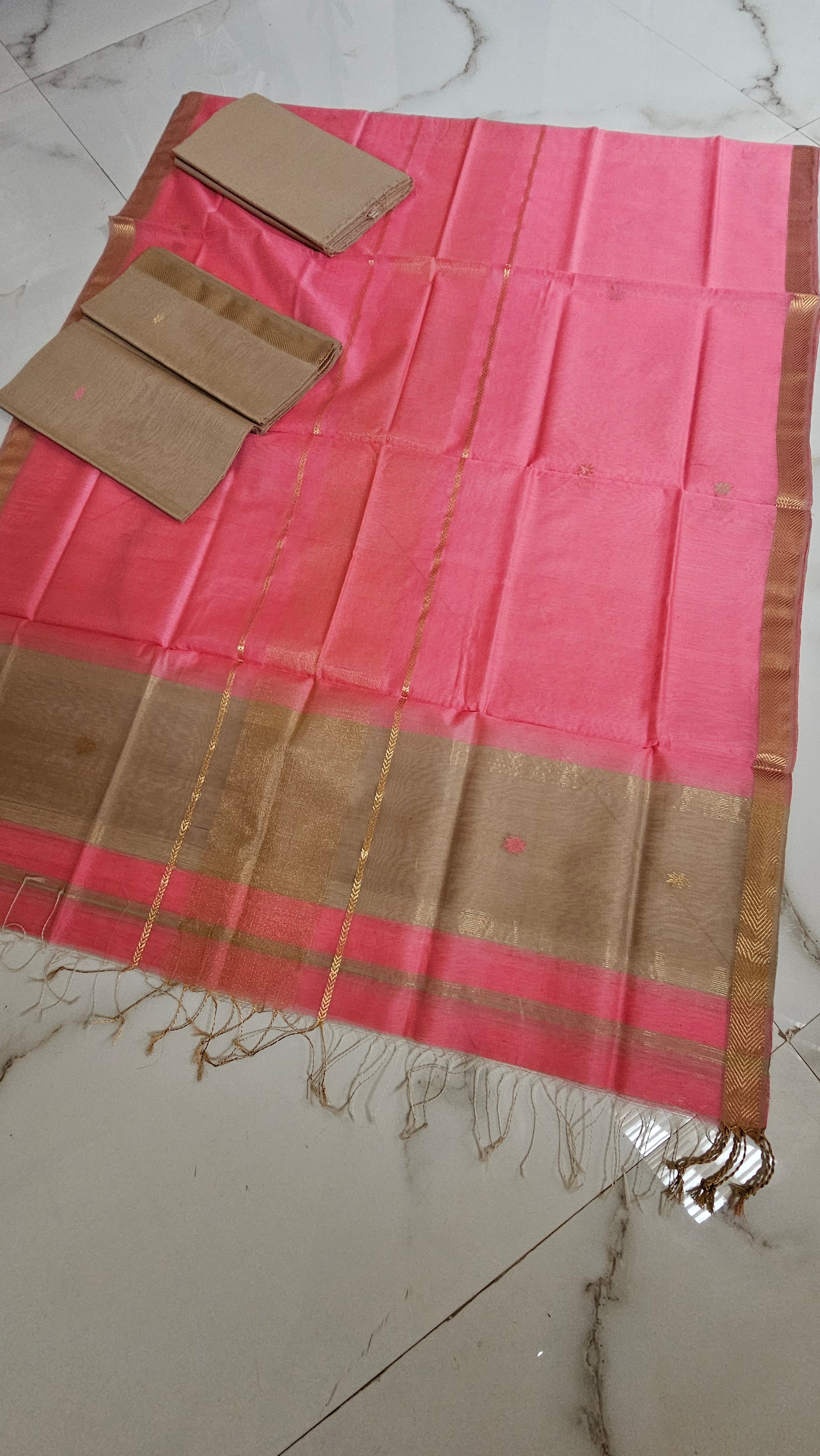 Silk/cotton three piece suit set 2.5 mtrs top, 2.5 mtrs Dupatta, 2.5 mtrs Bottom pink Resham buti and Gold Jari buti