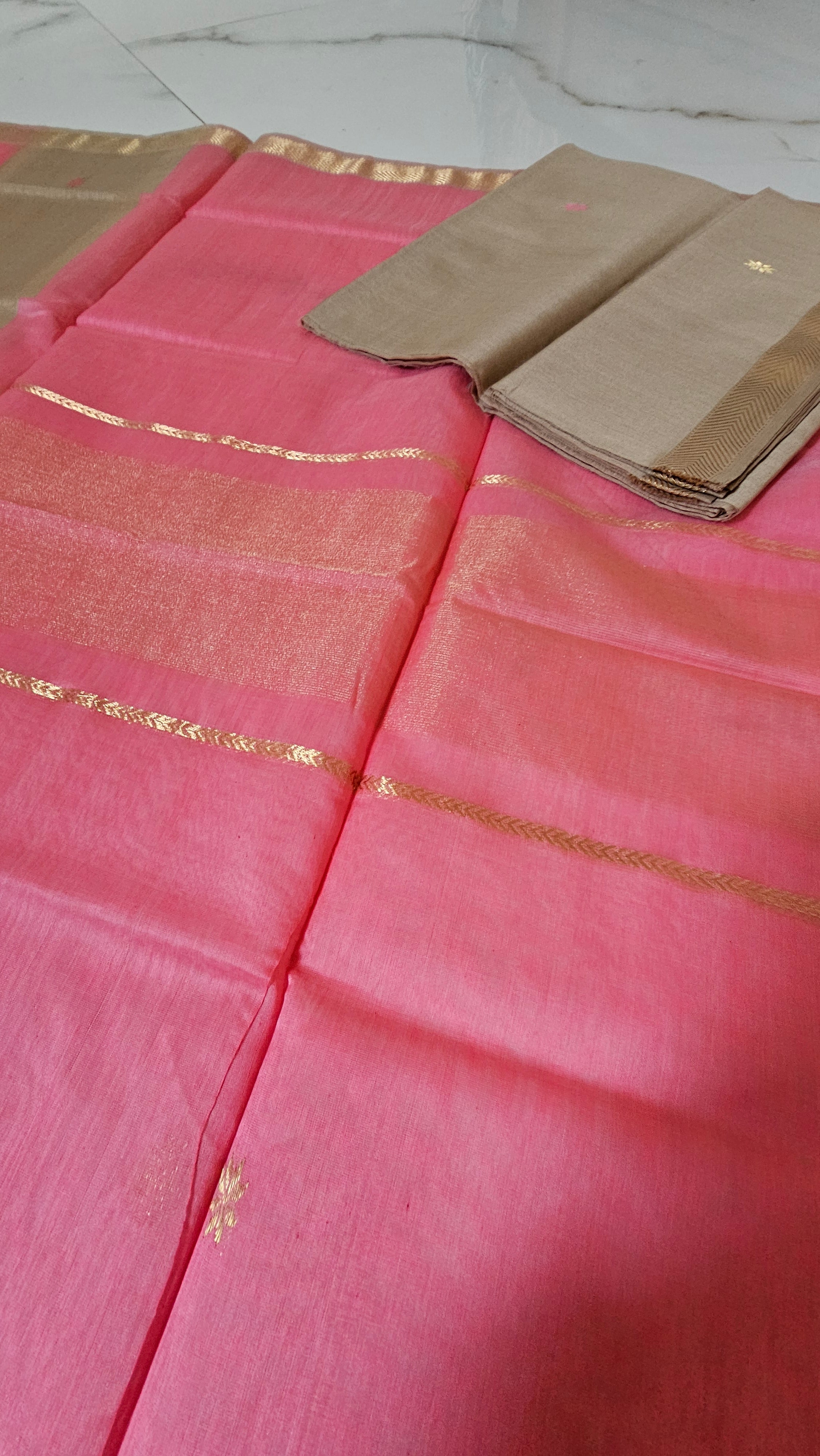 Silk/cotton three piece suit set 2.5 mtrs top, 2.5 mtrs Dupatta, 2.5 mtrs Bottom pink Resham buti and Gold Jari buti