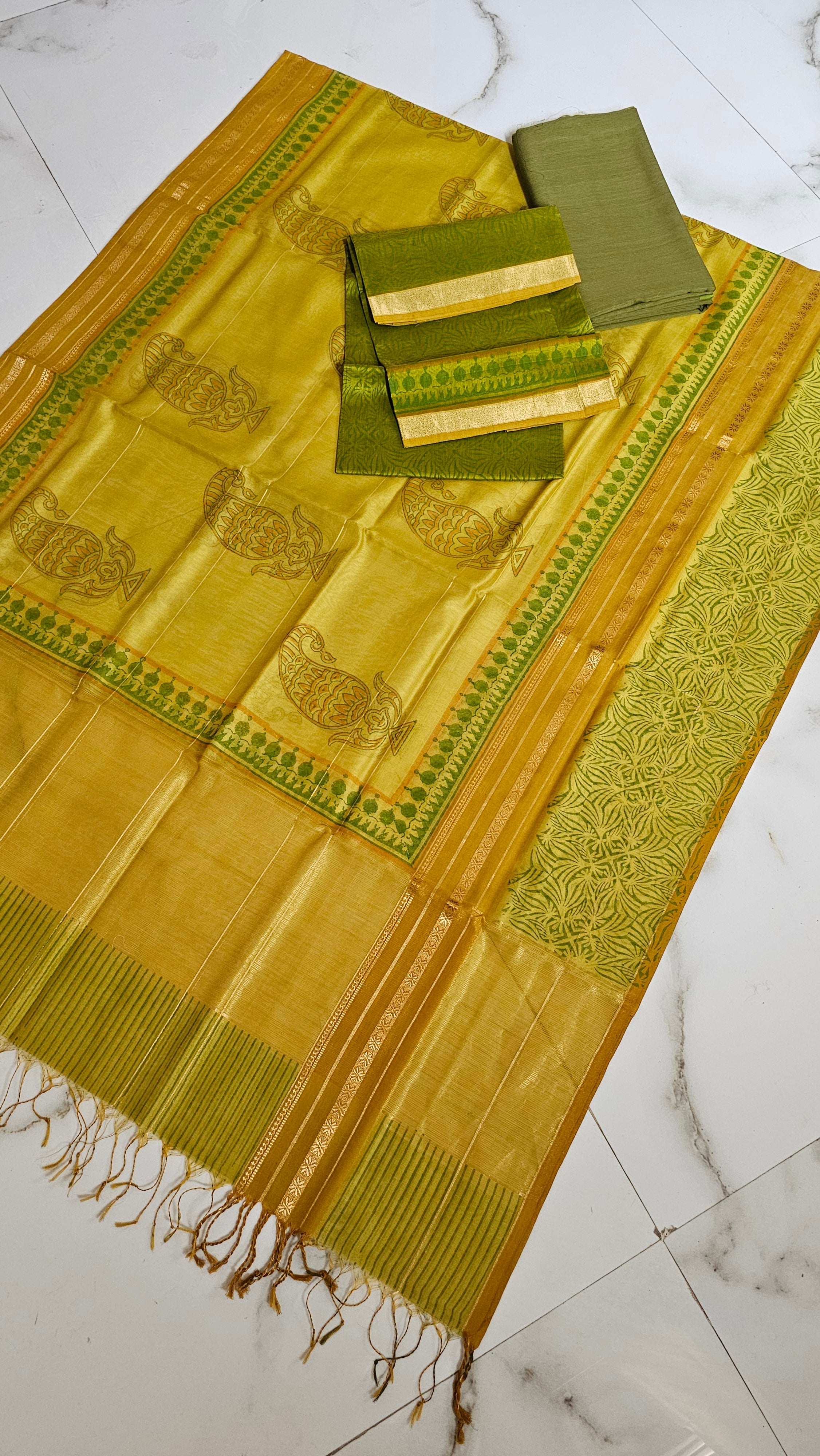 Silk/cotton three piece suit set 2.5 mtrs top,2.5 mtrs Dupatta, 2.5mtrs Bottom mehndi green color Block print suit