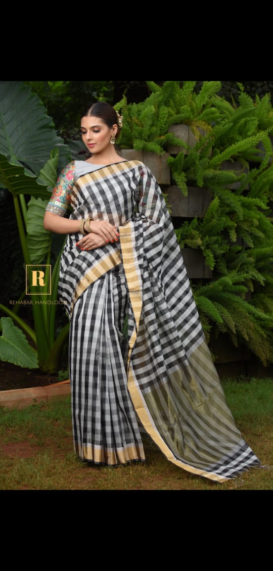 Black and White Bold Checks Saree.