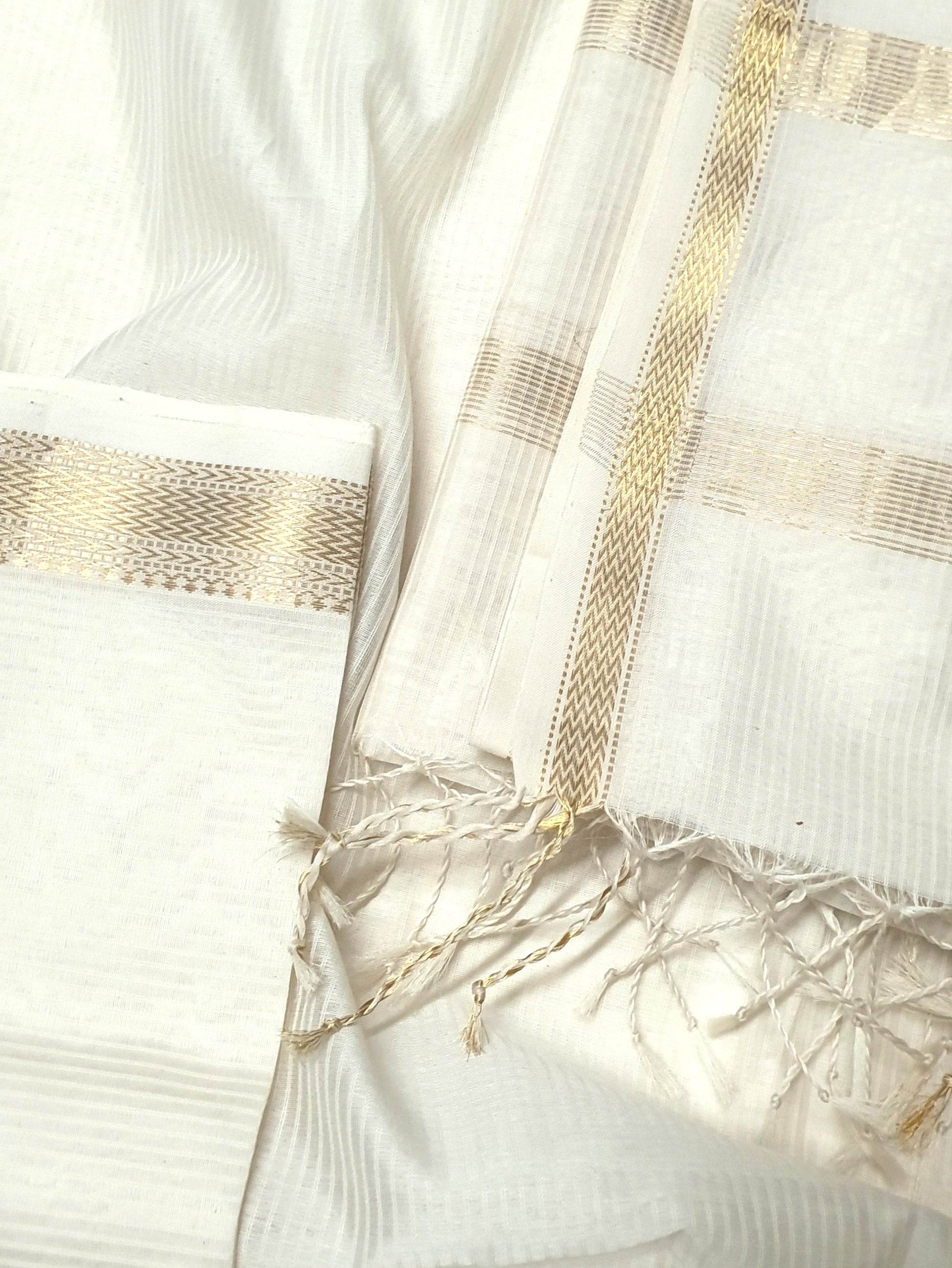 Off White 2 piece Suit Set with Doria Texture and Gold Zari Borders.