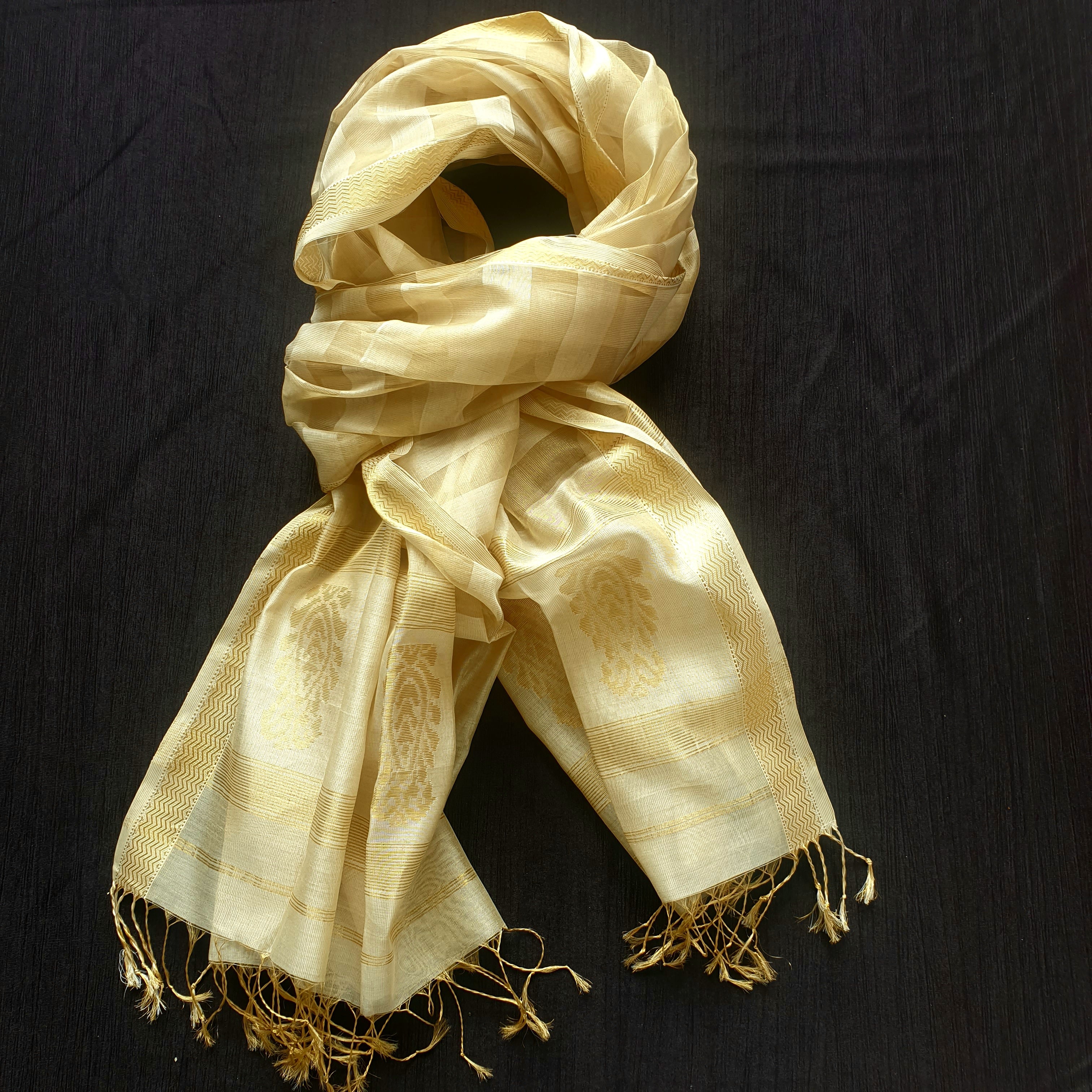 Gold Tissue Dupatta with Checks and Butas.