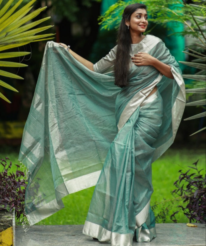 Forest Green Saree with Silver Blouse – Silai Studio