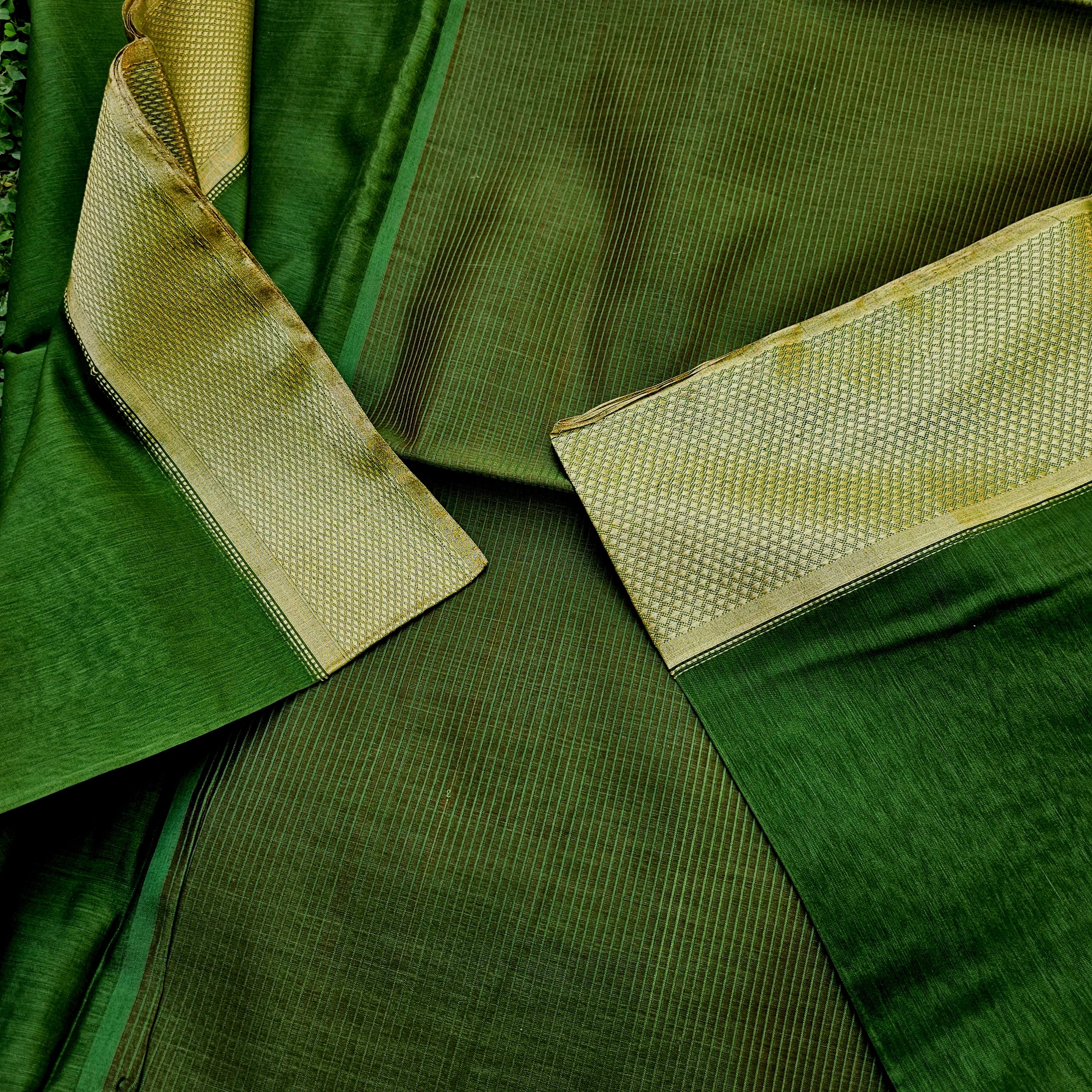 Green Saree with Red Pallu and Blouse.