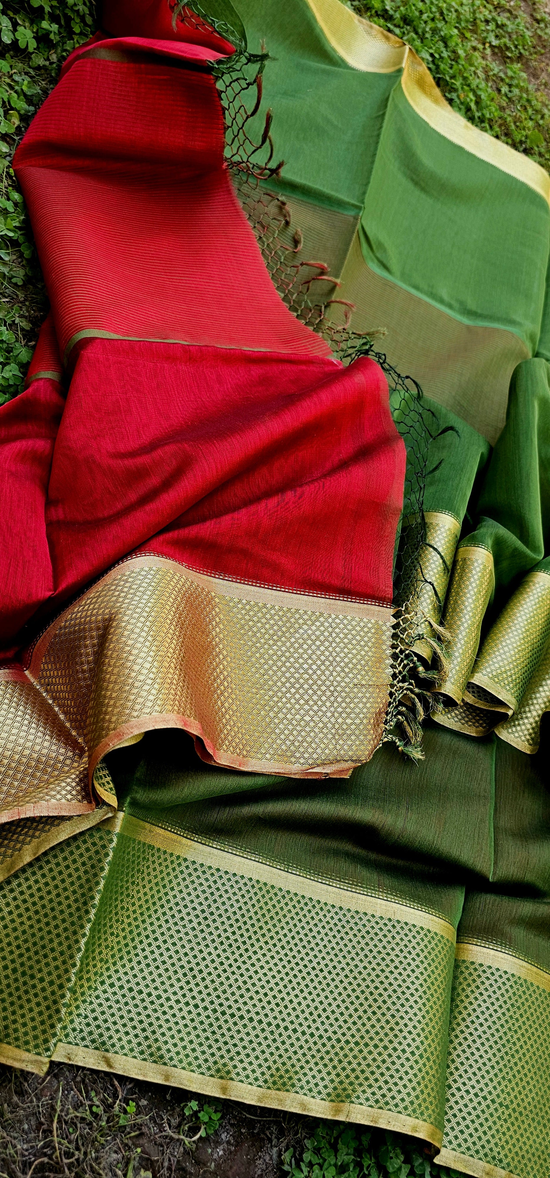 Green Saree with Red Pallu and Blouse.