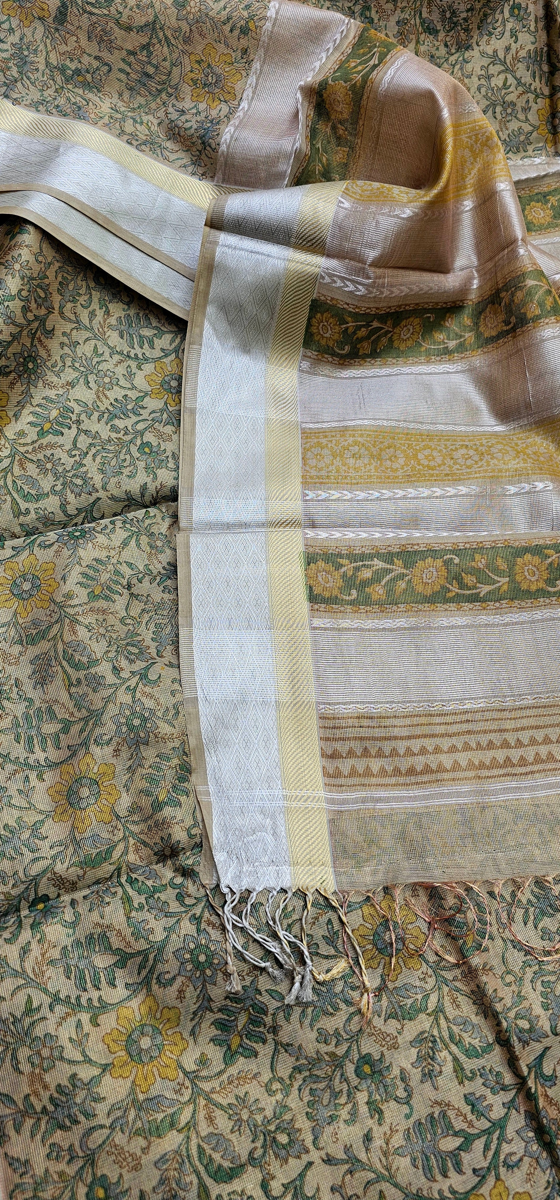 Gold Tissue Checks Saree with Prints.