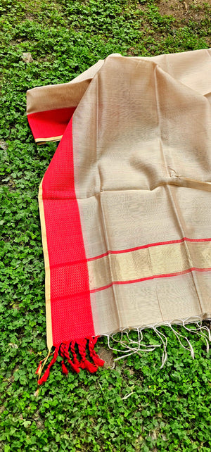 Beige Dupatta with Red woven Resham Borders.