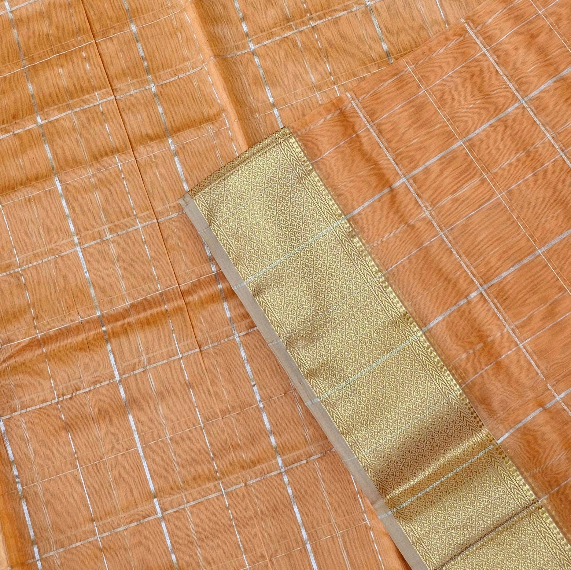 Silver Zari Checks Saree with Gold Zari Borders.