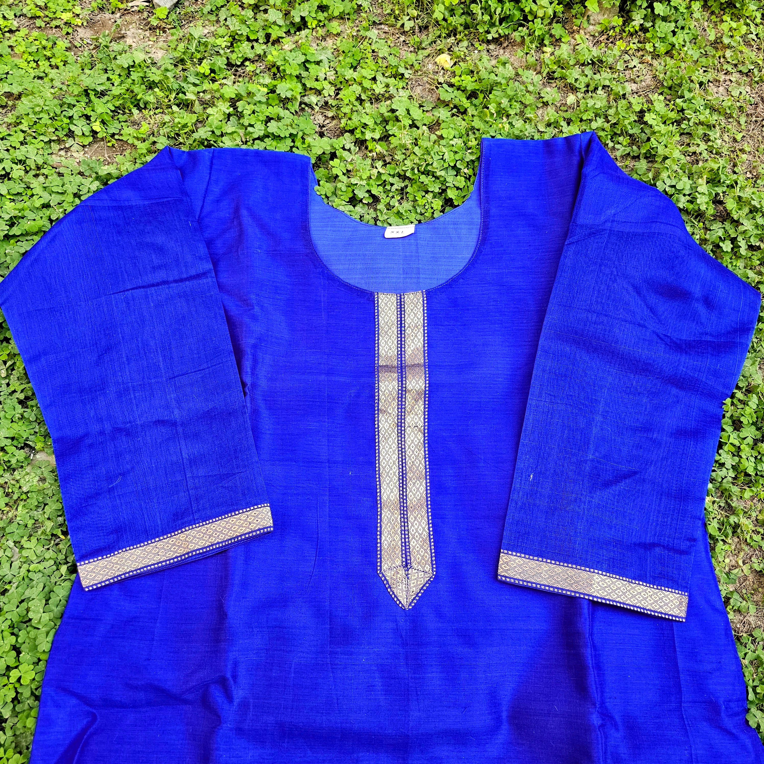 Blue Kurta with Gold Border Detailing.