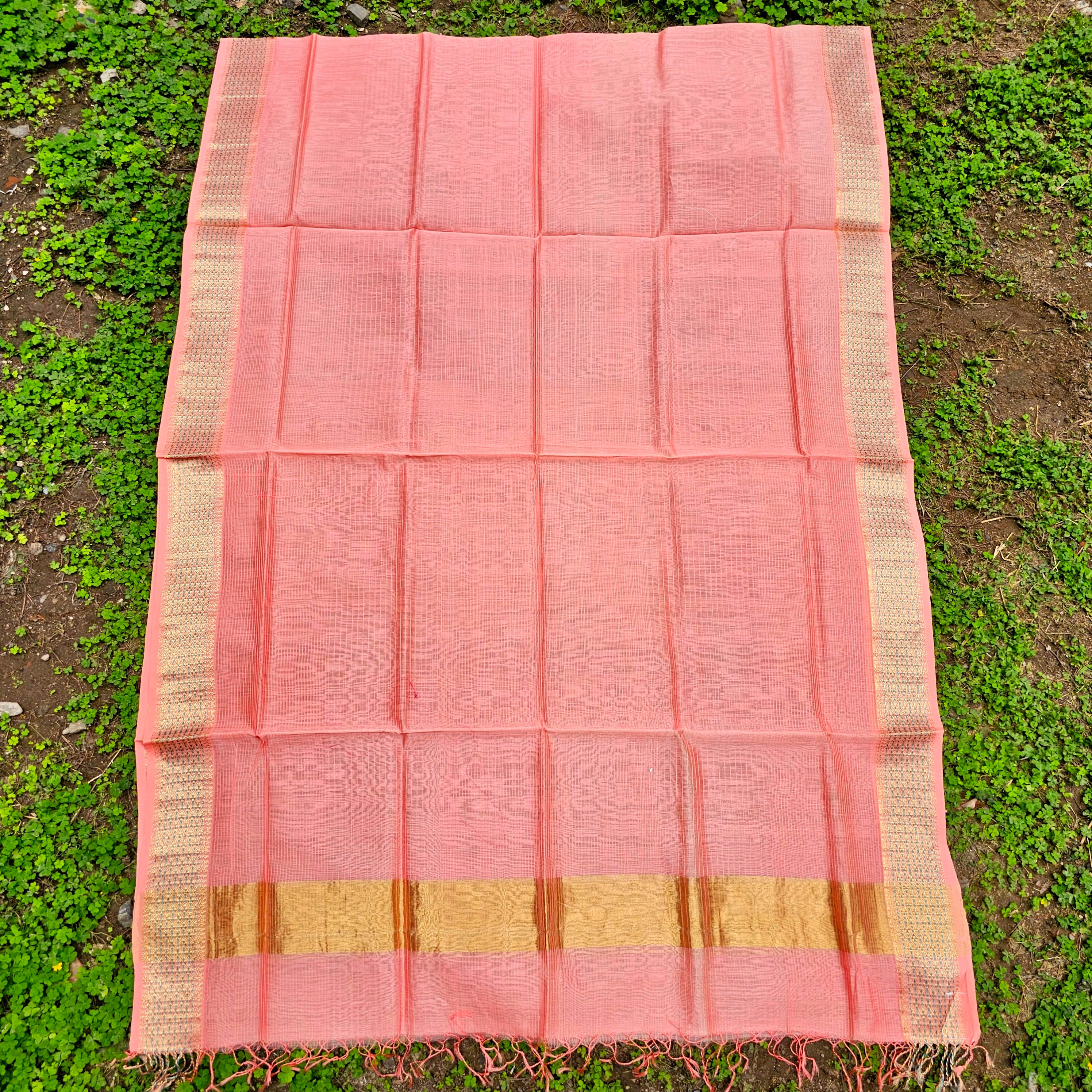 Pink Dupatta with Gold and Green Meena Borders.